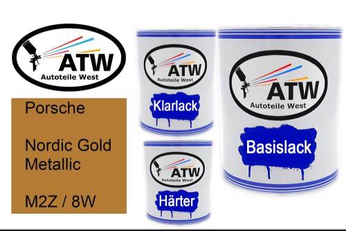 Porsche, Nordic Gold Metallic, M2Z / 8W: 1L Lackdose + 1L Klarlack + 500ml Härter - Set, von ATW Autoteile West.